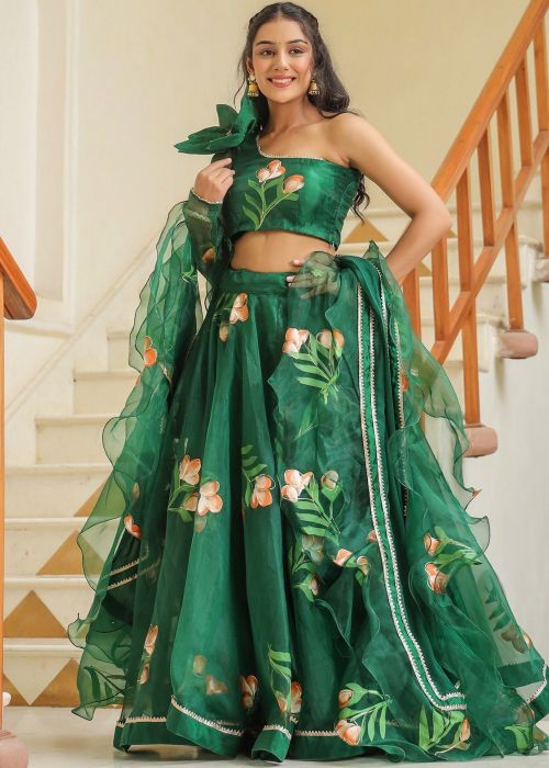 Green Organza Readymade Lehenga Choli In Print