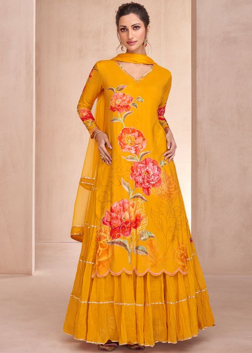 Yellow Floral Print Kurti Style Lehenga In Cotton