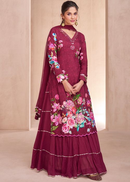 Maroon Floral Print Kurti Style Lehenga In Cotton