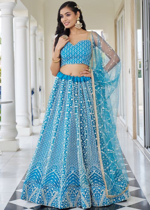 Blue Thread Embroidery Net Lehenga Choli 
