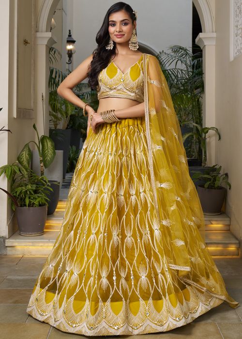 Yellow Thread Embroidery Lehenga Choli In Net