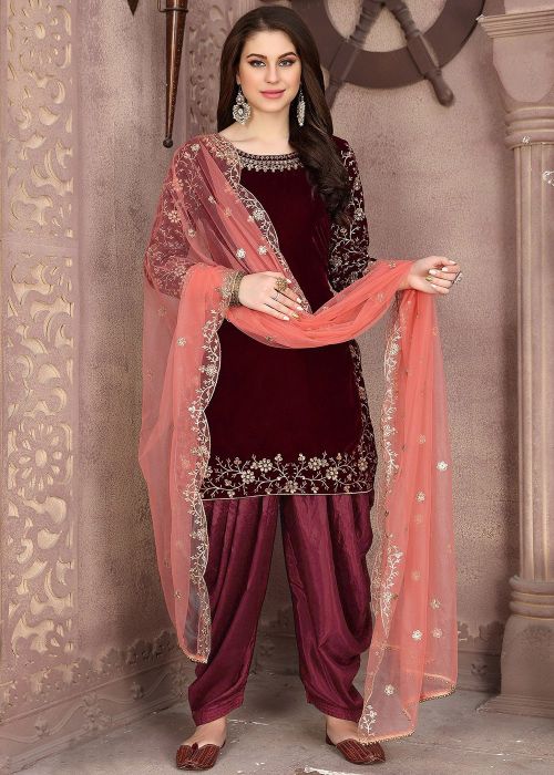 Maroon Embroidered Patiala Suit With Dupatta