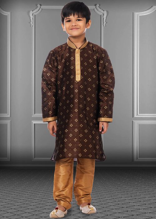 Brown Printed Kids Readymade Kurta & Pajama