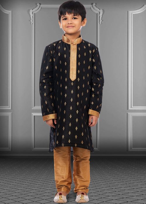 Black Readymade Kids Printed Kurta Churidar Set