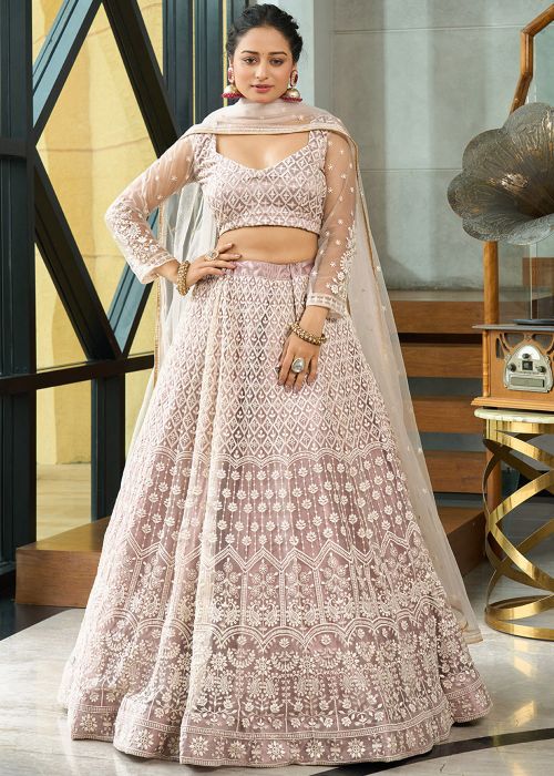 Mauve Pink Embroidered Lehenga Choli In Net