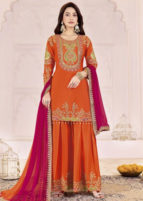 Orange Chiffon Palazzo Suit With Dori Embroidery