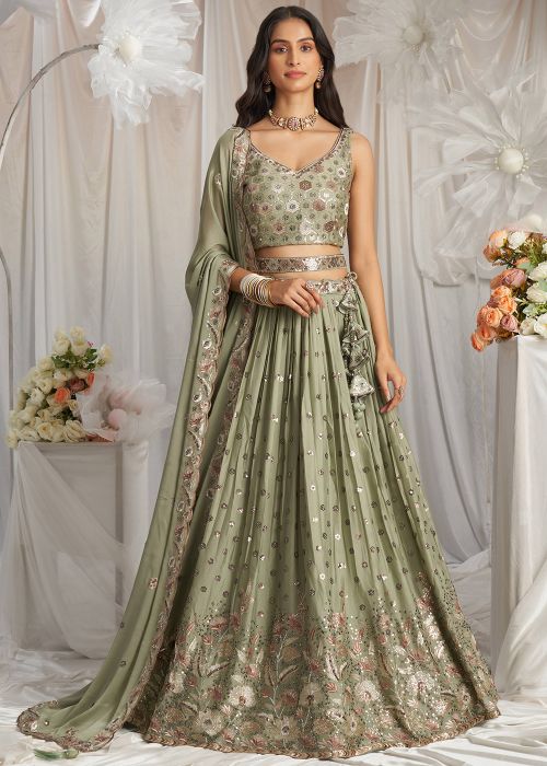 Green Embellished Lehenga Choli In Georgette