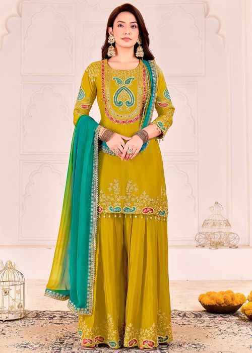 Green Chiffon Palazzo Suit With Sequins Work