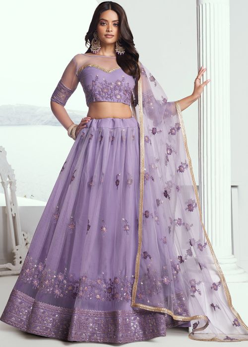 Lavender Embroidered Lehenga Choli In Net