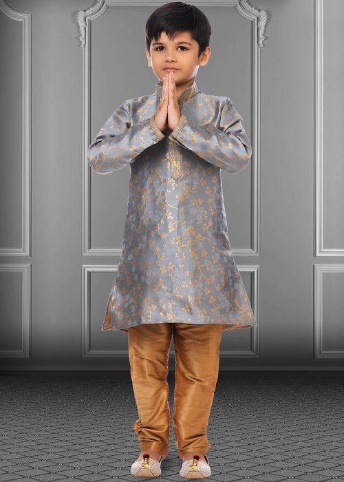 Grey Kids Kurta Pajama With Woven Motifs
