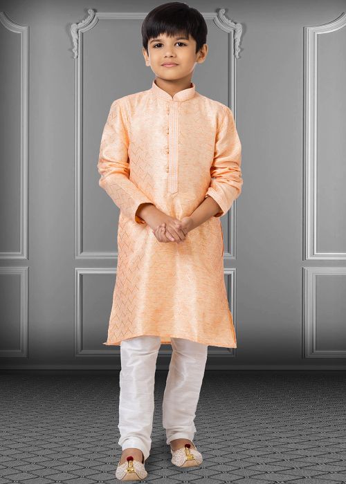 Peach Zari Woven Kids Kurta & Pajama Set