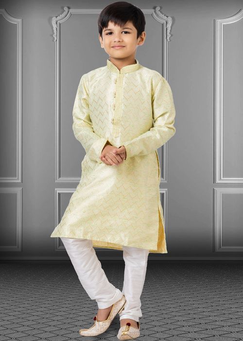 Green Zari Woven Kids Kurta Pajama Set
