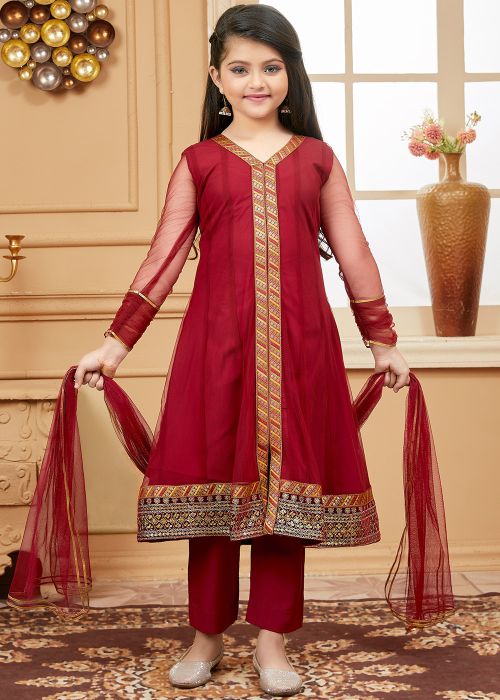 Kids Maroon Readymade Salwar Kameez In Net