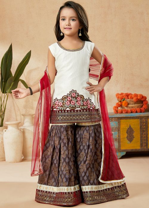 Readymade White Kids Embroidered Art Silk Salwar Kameez