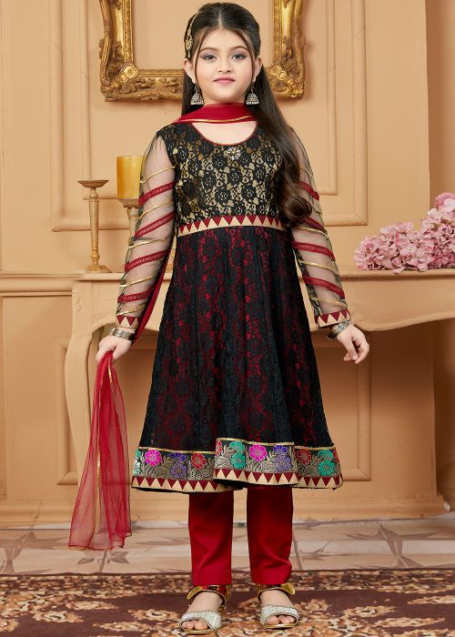 Readymade Black Embroidered Kids Salwar Kameez