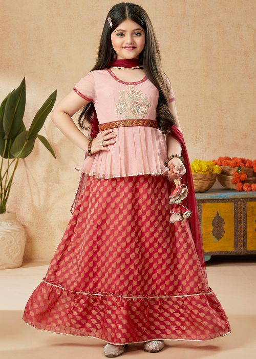 Peach Readymade Embroidered Kids Lehenga Set