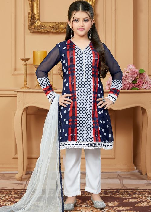Navy Blue Readymade Printed Kids Salwar Suit Set
