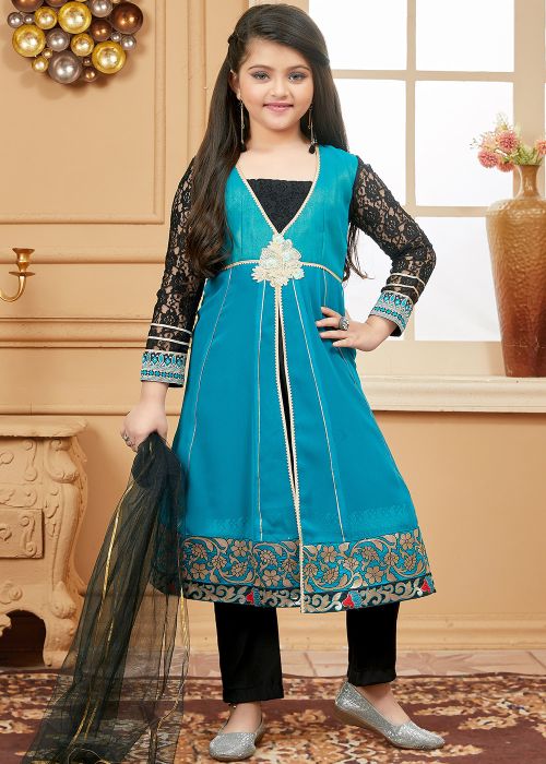 Green Readymade Kids Jacket Style Salwar Kameez
