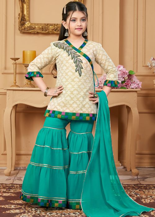 Readymade Beige Embroidered Sharara Suit For Kids