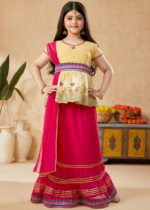 Readymade Beige Embroidered Lehenga Set For Kids