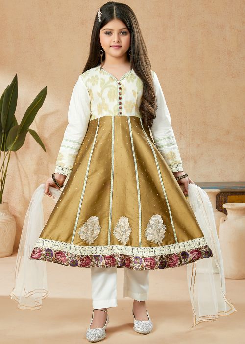 Readymade Brown Kids Woven Salwar Kameez