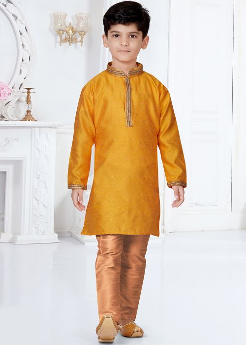 Readymade Yellow Woven Kids Kurta & Pajama Set