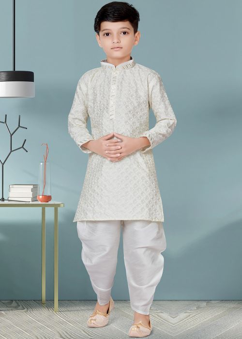 Readymade White Embroidered Dhoti Kurta For Kids