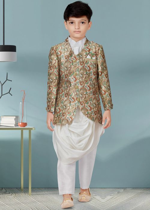 Kids Readymade Multicolor Digital Print Cowl Style Sherwani Set