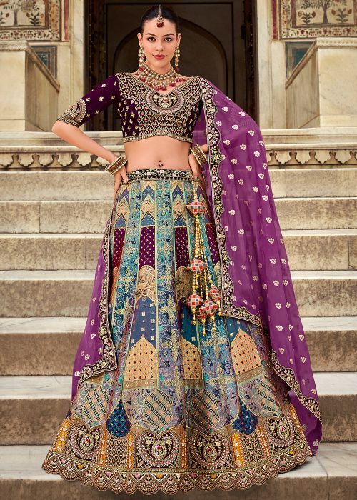 Multicolor Bridal Lehenga Choli Set In Banarasi Silk