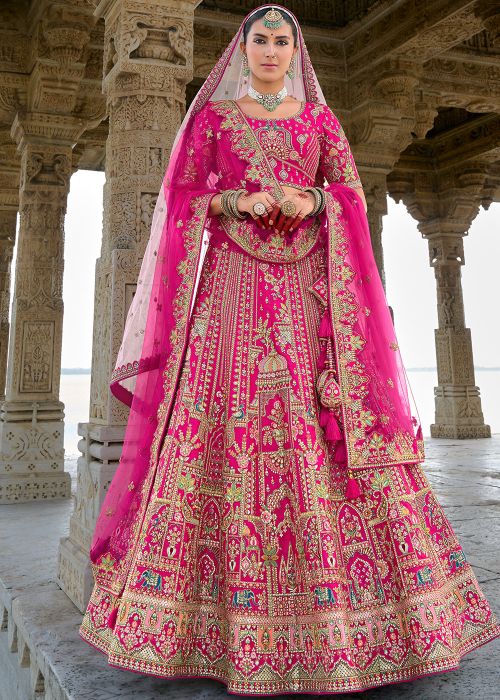 Pink Zari Embroidered Silk Bridal Lehenga Choli