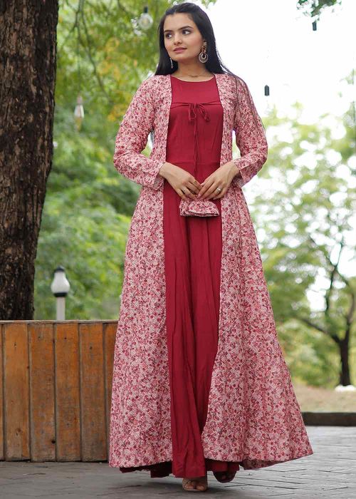 rayon fabric dress design Maroon Floral Print Rayon Fabric Flared Long Dress 7XL