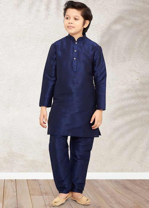 Readymade Blue Kids Kurta Pajama In Art Silk