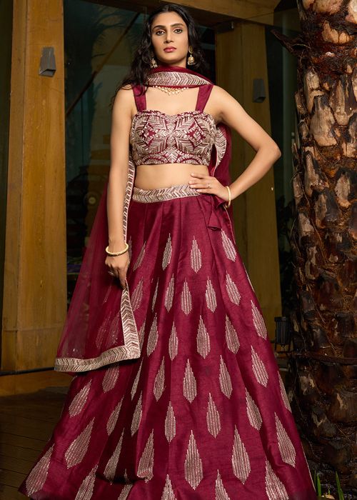 Maroon Embroidered Lehenga Choli With Dupatta