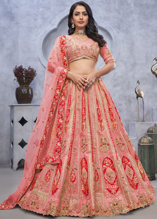 Peach Embroidered Lehenga Choli In Organza