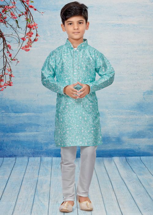 Blue Kids Readymade Floral Printed Kurta Pajama