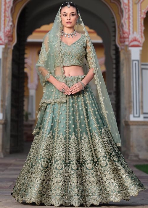 Sage Green Embroidered Lehenga Choli In Net