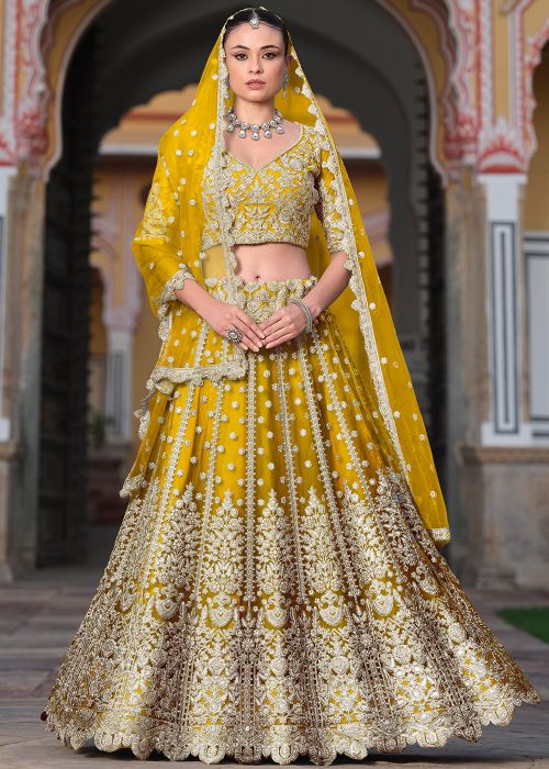 Embroidered Net Yellow Lehenga Choli