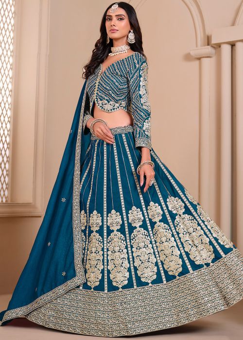 Teal Blue Art Silk Embroidered Lehenga Choli