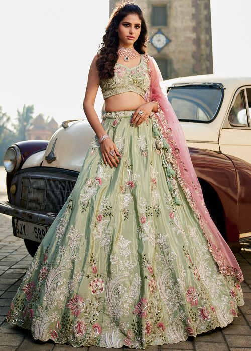 Green Embroidered Lehenga Choli In Satin