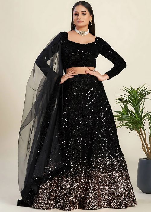 Black Embellished Velvet Lehenga Choli Set