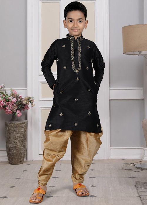 Readymade Black Color Art Silk Kids Dhoti Kurta