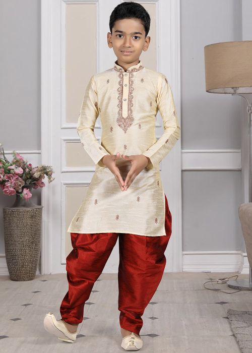 Readymade Cream Color Art Silk Kids Dhoti Kurta