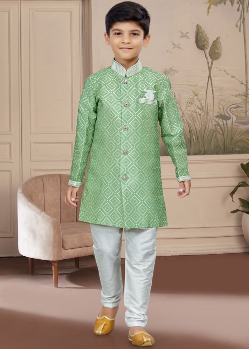 Green Readymade Printed Kids Embroidered Sherwani Set 