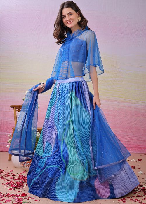 Blue Digital Print Cape Style Lehenga Choli