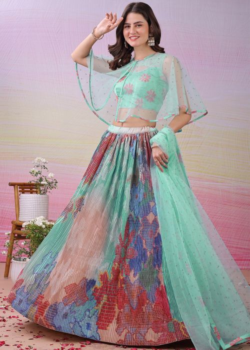 Sea Green Digital Print Lehenga Choli & Cape
