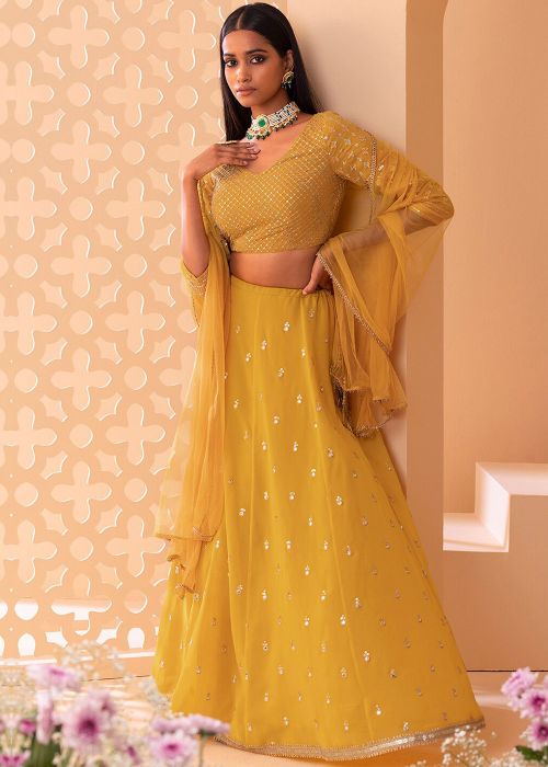 Yellow Embroidered Lehenga Choli In Georgette