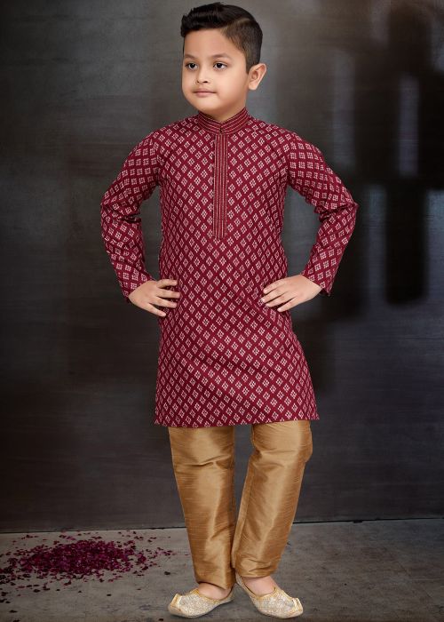 Readymade Maroon Printed Kids Kurta Pajama
