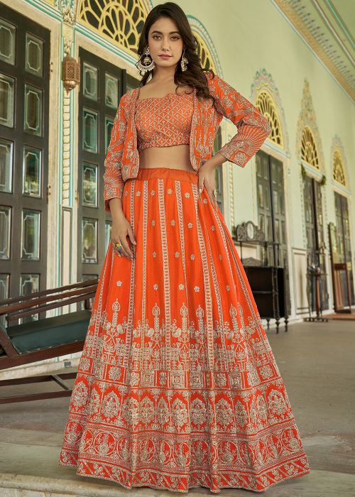 Orange Embroidered Lehenga Choli With Jacket