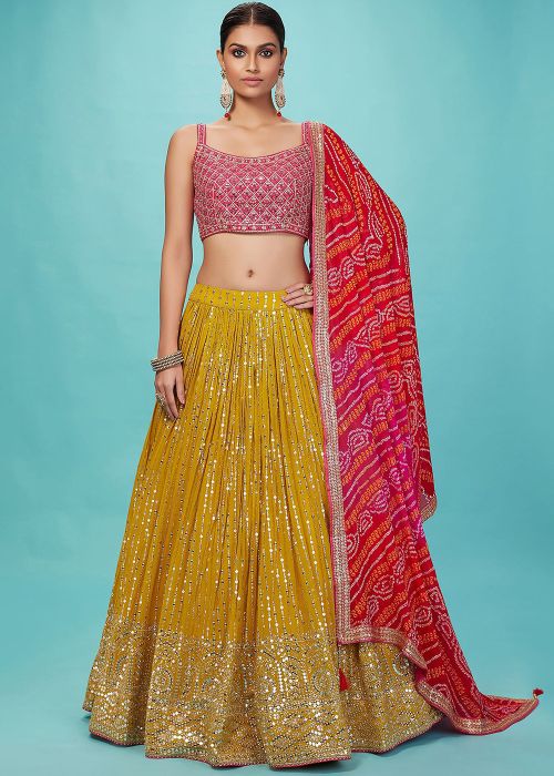Yellow Sequin Work Lehenga Choli In Georgette