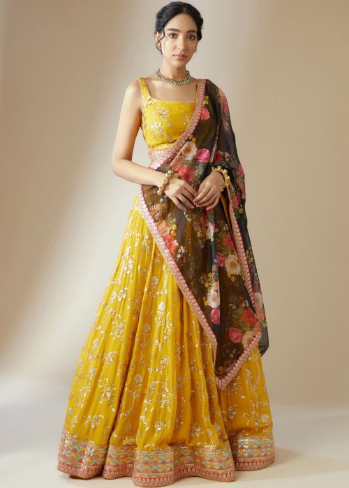 Yellow Sequin Work Lehenga Choli In Georgette